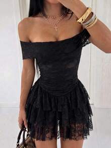 SHEIN Unity Women's Spring/Summer Black Floral Lace Mini Dress Ruffle Cinched Waist Multi-Layer Ruffle Sheer Mesh Party Night Out Sexy Elegant Halloween - Black - View 3