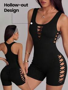 Slayform Slayform Women's Seamless Cut-Out Sleeveless Athleisure Jumpsuit,Figure-Flattering Black Bodysuit - Black - View 1