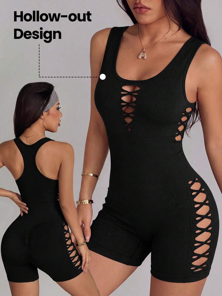 Slayform Slayform Women's Seamless Cut-Out Sleeveless Athleisure Jumpsuit,Figure-Flattering Black Bodysuit - Black - View 1