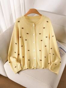 CosyJoli Plus Size Elegant French Style 3D Polka Dot Knit Cardigan Sweater Yellow Autumn/Winter Top For Women - Yellow - View 6