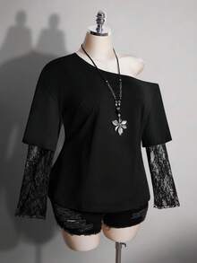 SHEIN ICON 女款大尺碼秋冬復古性感千禧風Y2K簡約休閒街頭風露肩上衣 - 黑色 - 查看 4