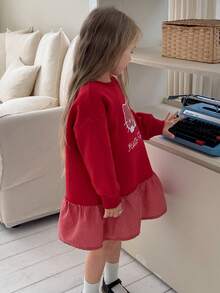 HELLO KITTY | DAZY Patchwork Design KT Cat Embroidered Loose Fit Long Sleeve Autumn/Winter Young Girls' Dress - Burgundy - View 4