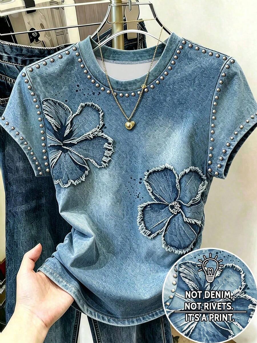 Resyla 女款 T-Shirt,復古藍色花卉印花圖案夏季出遊上衣,圖形設計,休閒百搭,日常穿著,戶外、購物、旅行戶外 - 彩色 - 查看 1