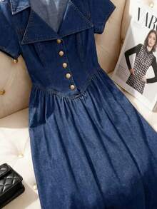 SHEIN MOD 女款百褶休閒日常穿著夏季牛仔洋裝 - 藍色 - 查看 3