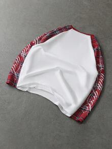 ROMWE MEN Street Life Men's Waffle Fabric Plaid Patchwork Loose Long Sleeve T-Shirt - Red and White - View 2