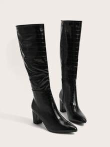Enchnt Women Crocodile Embossed Side Zipper Chunky Heeled Boots, Fashion Outdoor Boots Dress,Style With Dress - Black - View 1