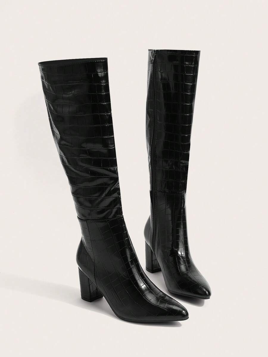 Enchnt Women Crocodile Embossed Side Zipper Chunky Heeled Boots, Fashion Outdoor Boots Dress,Style With Dress - Black - View 1