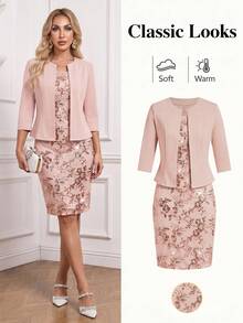 Ellevyn 2pcs Women Party Sequin Embellished Dress With Fitted Short Sleeve Jacket Set - Pink - View 1