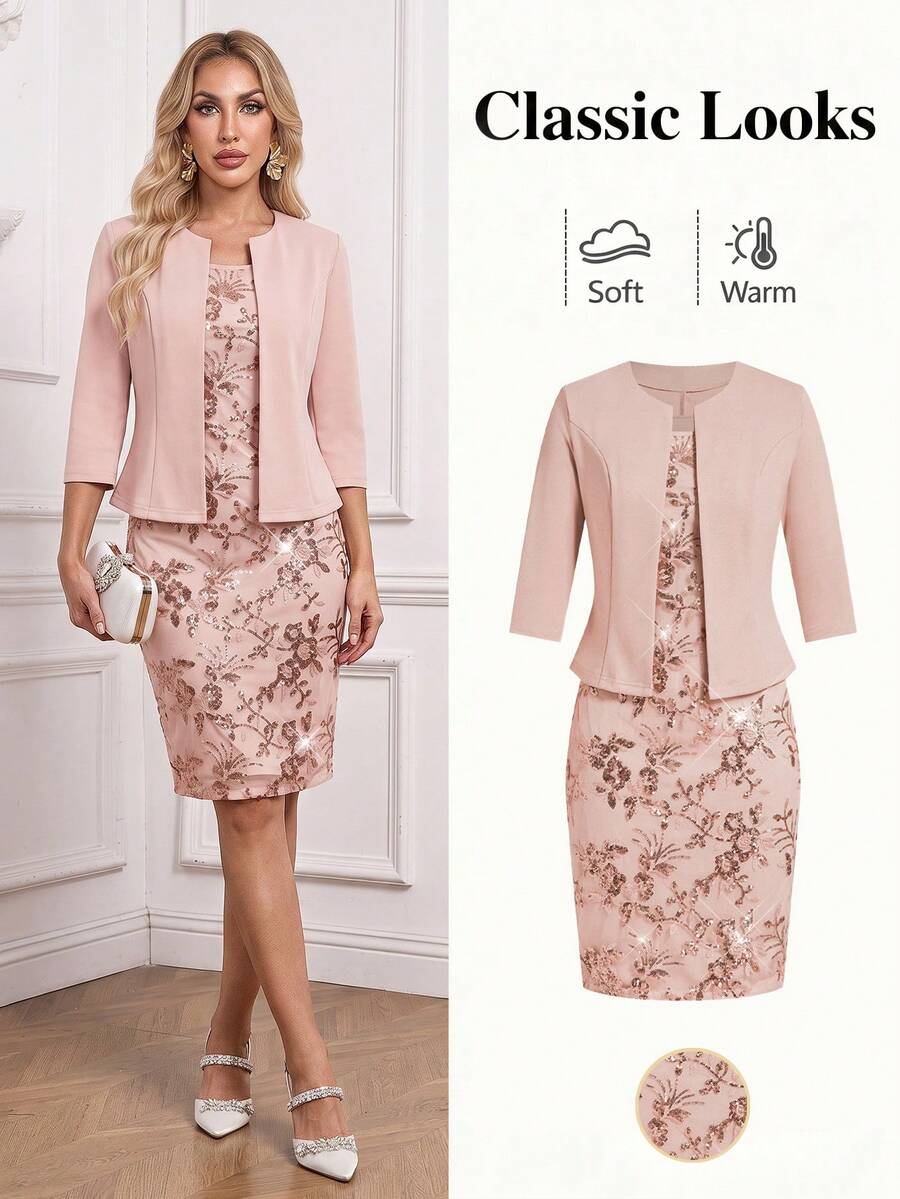 Ellevyn 2pcs Women Party Sequin Embellished Dress With Fitted Short Sleeve Jacket Set - Pink - View 1