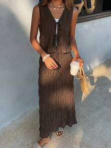 FRIFUL Women's Summer Casual Daily Solid Color Ruffle Hem Tie Front Top And Mini Skirt 2 Pieces Set Lounge Sets For Women - Coffee Brown - View 8