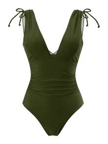 Swim Vcay 女款一件式抽繩深V領無鋼圈比基尼泳衣 - 軍綠色 - 查看 6