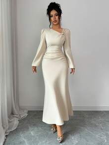 Elenzga Women's Elegant Solid Color Metal Decor Asymmetric Collar Long Sleeve Slim Fit Ruched Waist Dress, Elegant Fashion Autumn Office Commute Casual Charming Vintage Dress - Apricot - View 7