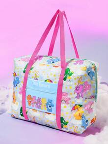 SHEIN X Care Bears 彩虹熊印花可折疊旅行托特包，大容量，行李套筒，輕便適用於旅行/學校，附前口袋 - 藍粉 - 查看 7