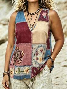 Linhara CURVE Débardeur décontracté à col en V avec imprimé floral pour femmes grande taille, été - Multicolore - Voir 3
