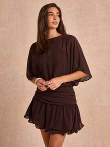 Enchnt Premium Pre-Fall Romantic Women's Elegant Brown Slimming Batwing Sleeve Ruffle Short Dress,Casual Dress,Work Outfits,Women's Formal Wear,Office - Brown - View 4