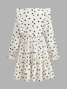 SHEIN Tween Girl Polka Dot Bow Loose Cute Casual Ruffle Sleeve French Style Dress, Long Sleeve Dress, Autumn/Winter Plaid Dress, Summer/Autumn, Perfect For Casual Daily Wear And School Daily Wear, Mother-Daughter Sister Matching - Multicolor - View 5