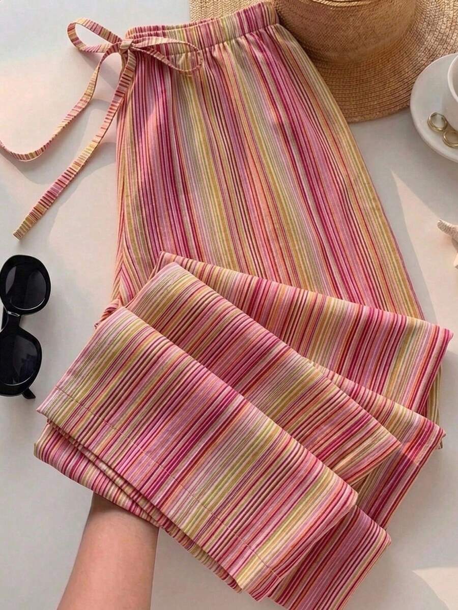 SHEIN EZwear 女款休閒低腰直筒褲,彩色條紋褲,夏季,街頭風,適合日常通勤、約會、聚會、秋冬/夏季、派對、婚禮、海灘、畢業典禮、優雅、休閒、外出、Y2K、音樂節、假期、返校、度假 - 彩色 - 查看 1