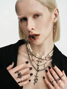 MortiRose A Fashionable Light Luxury Versatile Casual Goth Punk Spice Girl Design Feeling Water Drop Cross Multi-Layer Necklace - Gun Black - View 5