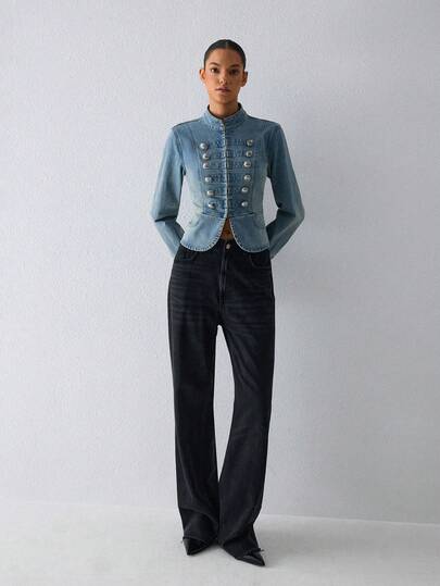 ATUI Studio Women's Vintage Napoleon Denim Jacket With Button Detail – Cropped Jean Coat, Everyday Essential For Fall, Daily & Work