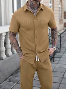 Manfinity Homme Solid Color Textured Striped Casual Vacation Short Sleeve Shirt And Pants 2 Pieces Set - Khaki - View 4