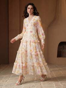 Anewsta New Fashion Romantic Ruffle Trim Patchwork V-Neck Puff Long Sleeve Vacation Holiday Outfit Long Women's Summer Dress - Apricot - View 5