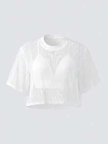 SHEIN BASICS 大尺碼女款純色圓領短袖短版背心上衣，白色，適合約會之夜、正式場合、度假、晚宴，夏季性感休閒風 - 白色 - 查看 3