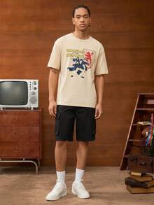 HARRY POTTER X SHEIN Men Casual Loose Knit Hogwarts Graphic Print Short Sleeve T-Shirt - Apricot - View 1