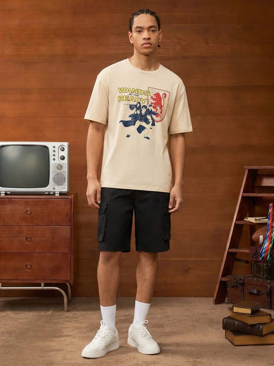 HARRY POTTER X SHEIN Men Casual Loose Knit Hogwarts Graphic Print Short Sleeve T-Shirt - Apricot - View 1