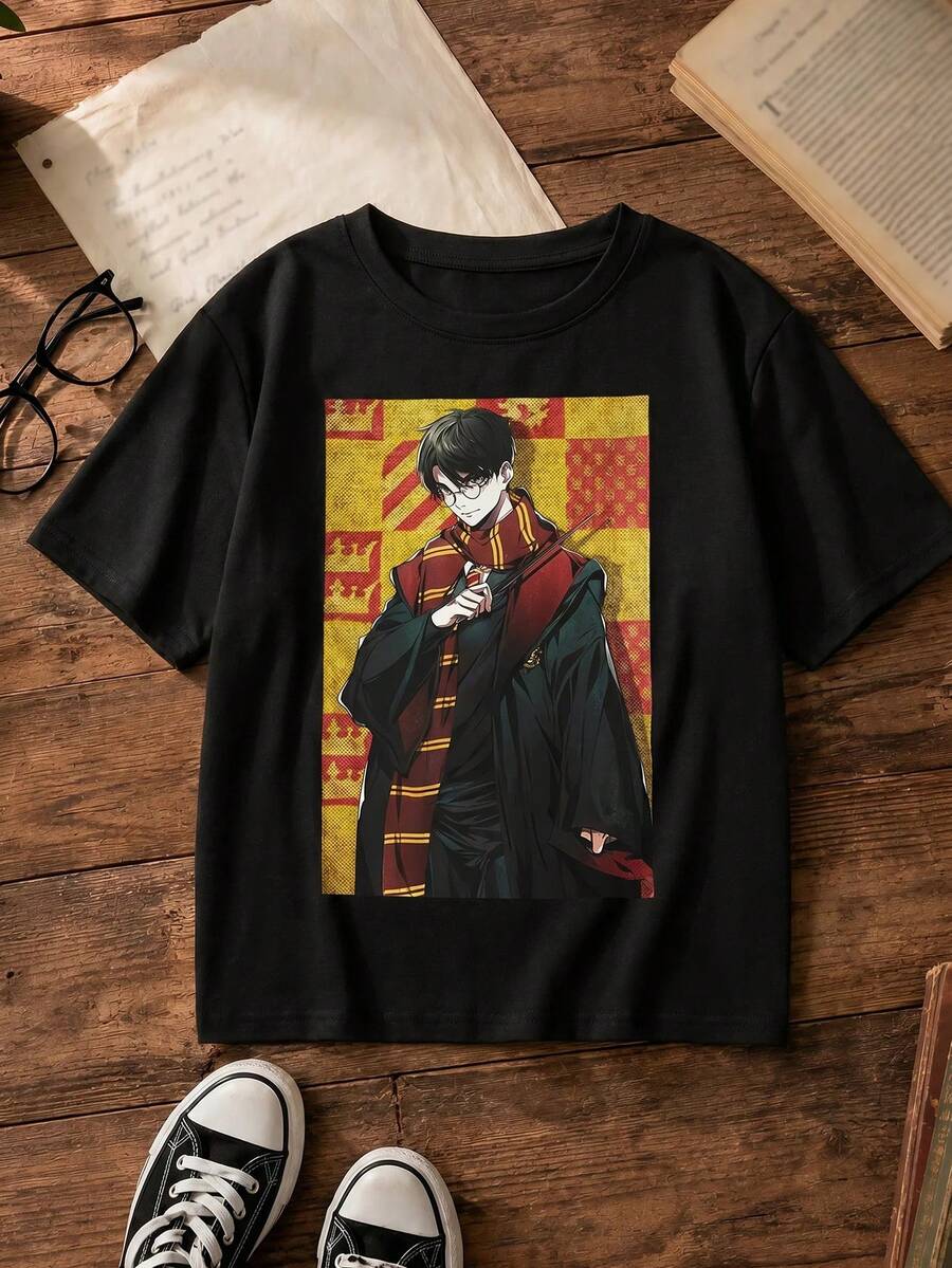 HARRY POTTER X SHEIN 男孩年輕時裝1件卡通人物和字母圖形t恤 - 黑色 - 查看 1