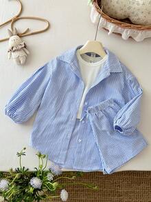 SHEIN LMoss Kids 3件套女童条纹宽松休闲衬衫、纯色针织背心和条纹短裤套装 - 藍白色 - 查看 5