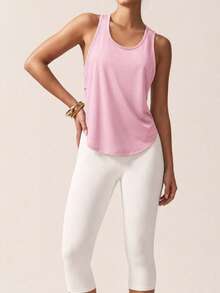 SHEIN BAE Solid Color Hollow Splice Racerback Sports Tank Top - Baby Pink - View 6