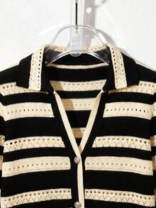 SHEIN Clasi Cardigan tricoté élégant et romantique à rayures et couleurs contrastées, simple boutonnage - Beige - Voir 3