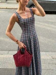 Serisse Damen Mode kariertes plissiertes ärmelloses Urlaubs-Kleid Brunch Picknick hellgrau Sommer französischer Vintage-Stil - Verschiedenfarbig - Übersicht 1