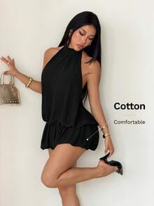 SHEIN PETITE Summer Elegant Sexy Backless Halter Neck Mini Dress Party Club Black - Black - View 8