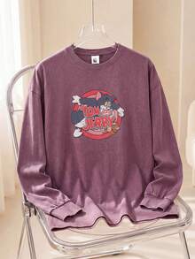 TOM & JERRY X SHEIN Men's Casual Cartoon Pattern Round Neck Long Sleeve T-Shirt, Autumn - Purple - View 1