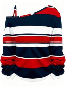 EMERY ROSE Women's Casual Colorblock Striped Nautical Logo Print Long Sleeve T-Shirt, Suitable For Teacher's Day And Back To School Season Fall - Multicolor - View 2