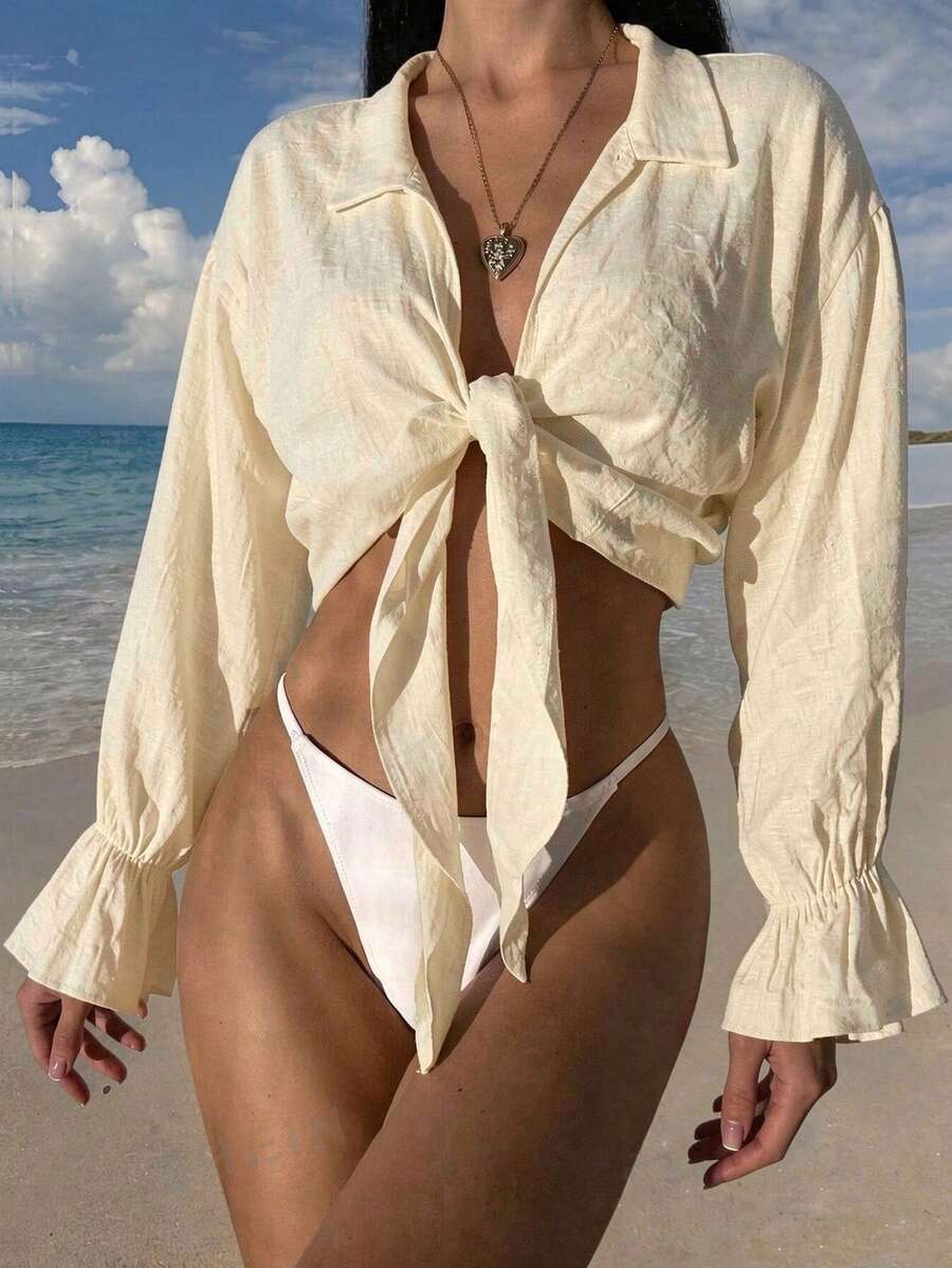 Swim Vcay 夏季沙滩纯色系带荷叶袖和服式无胸罩绿色衬衫前系带上衣 - 杏色 - 查看 1