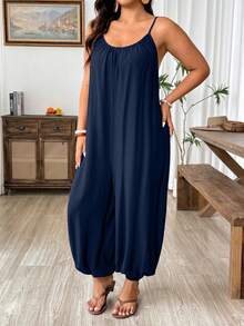 Weeklong Casual Textured Loose Gathered Jumpsuit - Navy Blue - View 4