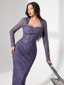 Modelyn 女款方領蕾絲長袖修身中長洋裝 - 紫色 - 查看 7