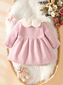 SHEIN Newborn Baby Girls Petal Collar Dress Cute Sweet Pink Bow Decor Pearl Buttons Long Sleeve Round Neck Thick First Birthday Fall Cozy Princess Solid - Pink - View 4