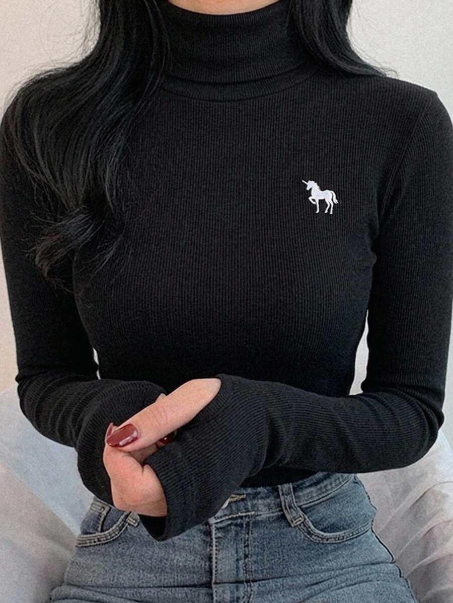 DAZY 女款高領動物印花修身休閒T恤 - 黑色 - 查看 1