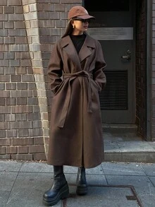 Dazy Tall Mantel Kasual Wanita Model Longgar Lurus dengan Kerah Panjang untuk Musim Gugur - Coklat - View 7