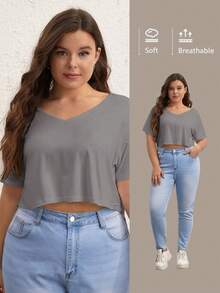 SHEIN BASICS Plus 1件純色V領短版T恤 夏季上衣 女款夏季穿搭 - 深灰色 - 查看 7