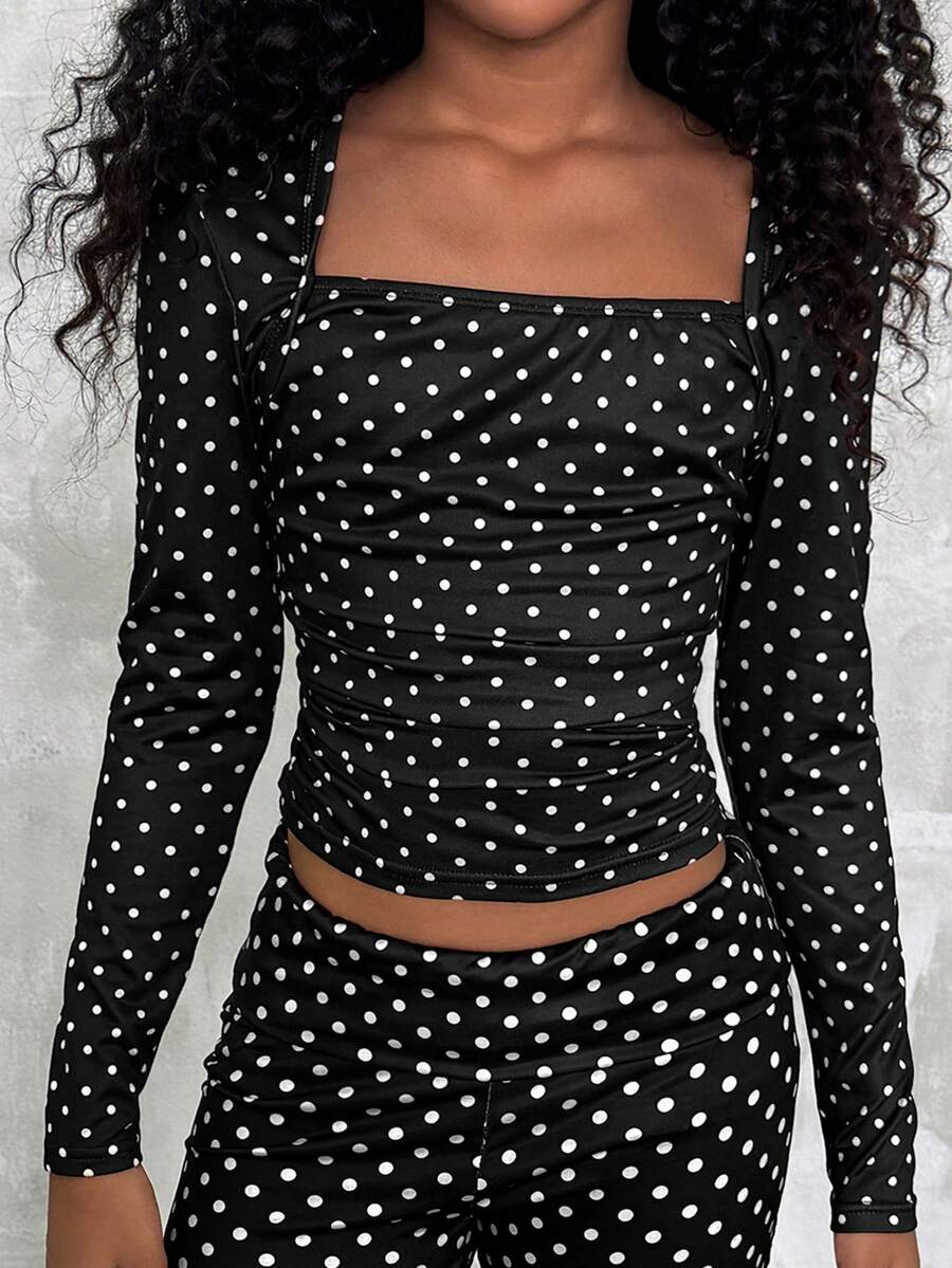 Camiseta ajustada de moda para niñas preadolescentes en otoño con mangas raglán, cuello en U, cintura fruncida, elástica - Blanco y Negro - Ver 1