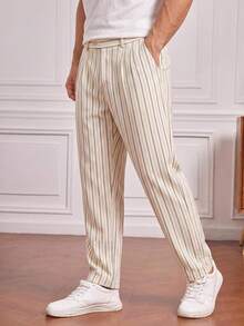 HIMLAND Men's Plus Size Striped Patchwork Casual Versatile Daily Travel Long Pants - Beige - View 6