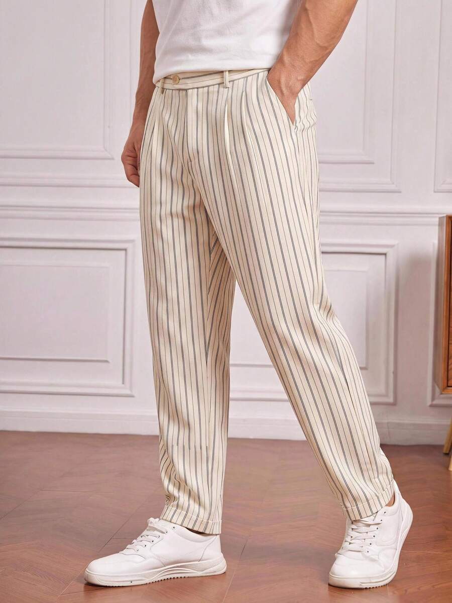 HIMLAND Men's Plus Size Striped Patchwork Casual Versatile Daily Travel Long Pants - Beige - View 1