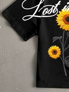 Manfinity ZONE917 Boxy Cropped Street Sunflower Graphic Print Loose Black Short Sleeve T-Shirt, Suitable For Spring/Summer, Gift For Friends Gathering And Spring Outing - Black - View 4