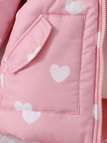 SHEIN Elladie kids 冬季女童休閒西式嬰兒白色愛心印花連帽中長款棉外套，毛邊飾，極地抓絨內裡，彈性腰帶，寬鬆版型 - 粉色 - 查看 7