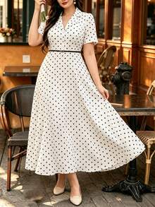 Auvina Plus Size Polka Dot Regular Shoulder Short Sleeve Elegant Summer Casual Dress - Apricot - View 5
