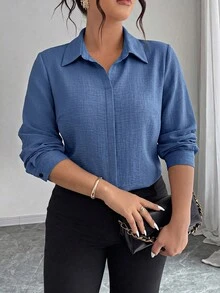 Elenzga 女款大尺碼春夏/秋冬單件海軍藍仿牛仔垂領隱門襟通勤襯衫，極簡優雅休閒上衣 - 藍色 - 查看 6